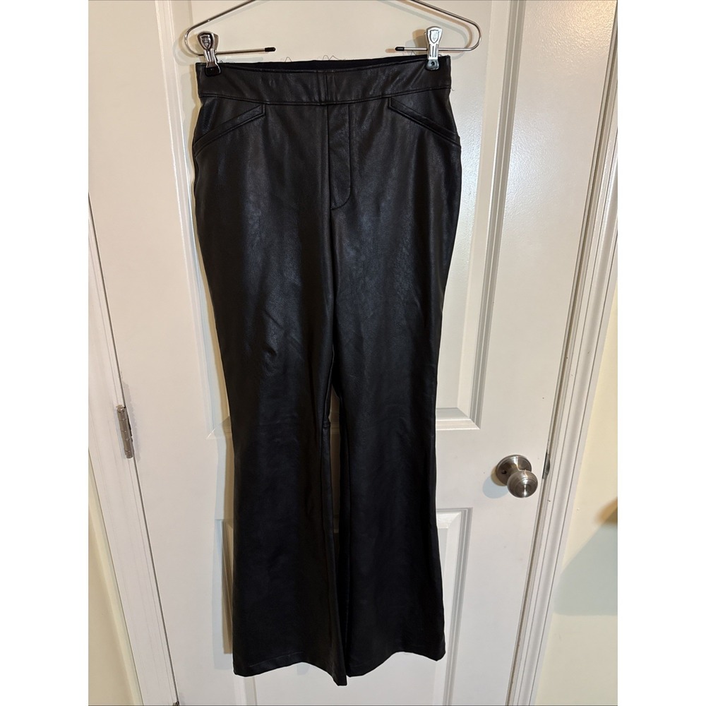 Spanx Pants Womens Medium Luxe Black Faux Leather-Like Flare Leg Pull On
